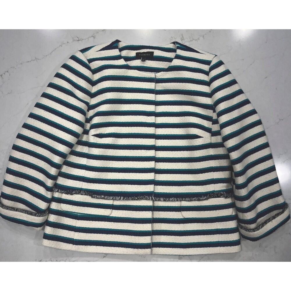 Talbots Sz 16 Striped Jacket Ivory Navy Blue Teal Cotton Blend Fringe Career